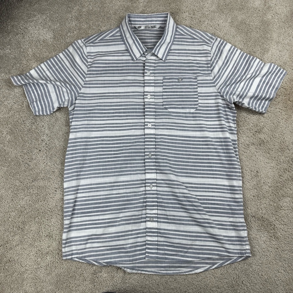 Travis Mathew Gray And White Striped Button-up Preppy Golf Shirt Size L Gorpcore
